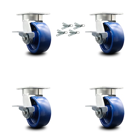 Service Caster 5 Inch Kingpinless Solid Poly Wheel Swivel Caster Set with Brake and Swivel Lock SCC-KP30S520-SPUR-SLB-BSL-4